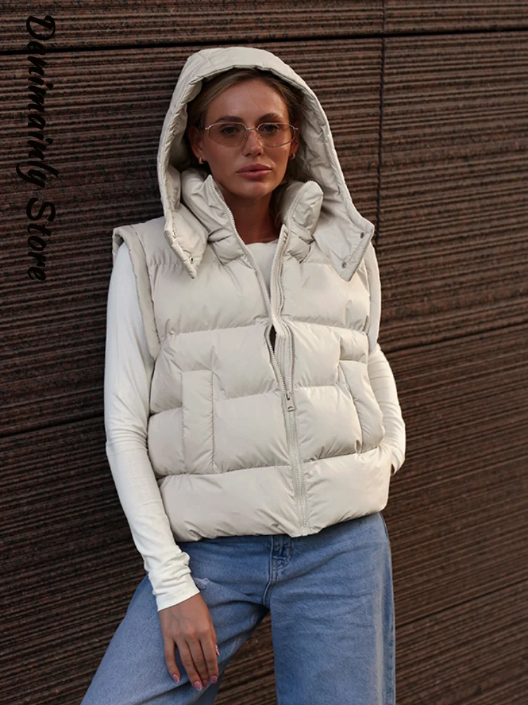 Vintage Women's Removable Sleeves Hooded Cotton Padded Coat Solid Loose Zipper Pockets Cropped Coats 2026 Winter Lady Jacket New