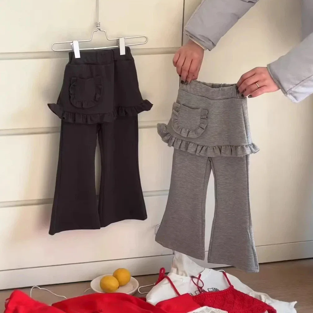 2026 Spring New Girls Casual Pants Korean Fashion All-Match Flared Pants with Ruffles Hem for Toddler Girls for 90-130cm