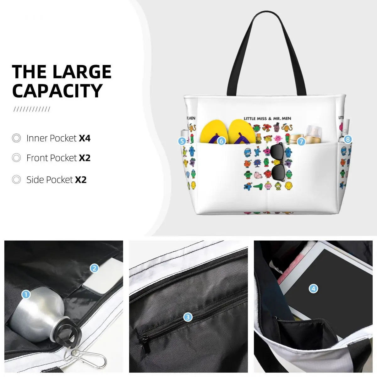Little Miss And Mr. Men Beach Tote Bag Sport Gym Yoga Duffle Large Tote Bag Women Travel Bag Fitness bag