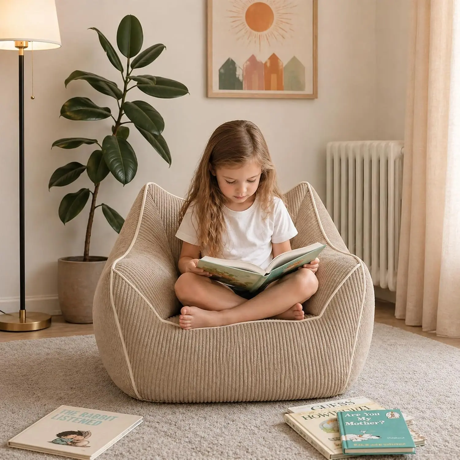 Kids Bean Bag Chair, Stuffed Seat, Toddlers Lazy Sofa, Beige Corduroy High Back Support Cozy Lounging Reading Gaming Bedroom, Cu