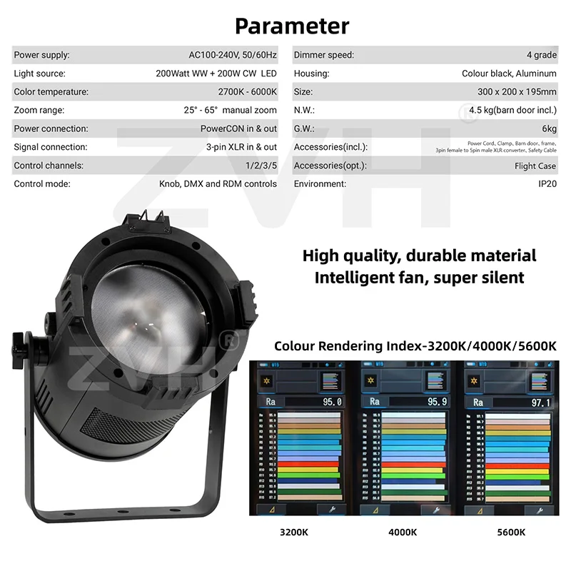 LED 200W Fresnel Spot Light with Zoom for Theatre Studio DMX512 LED Light Stage Lighting Equipment Cold Warm White Spotlights