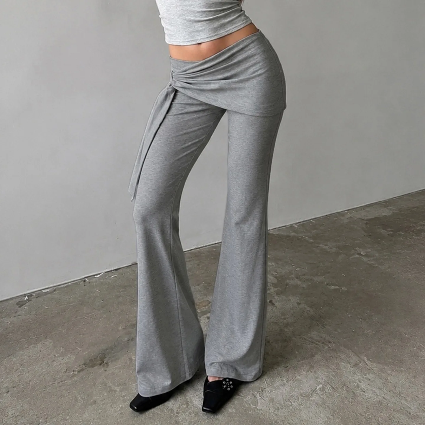 Spice Girl Gray Knitted Casual Pants Fashion Splicing Strap Pleated Hip-wrapped Trousers