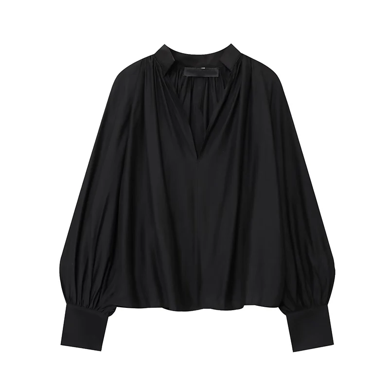 YENKYE 2025 Blusa con manga acampanada y cuello en V para mujer, color negro y rojo, Tops holgados Vintage de otoño