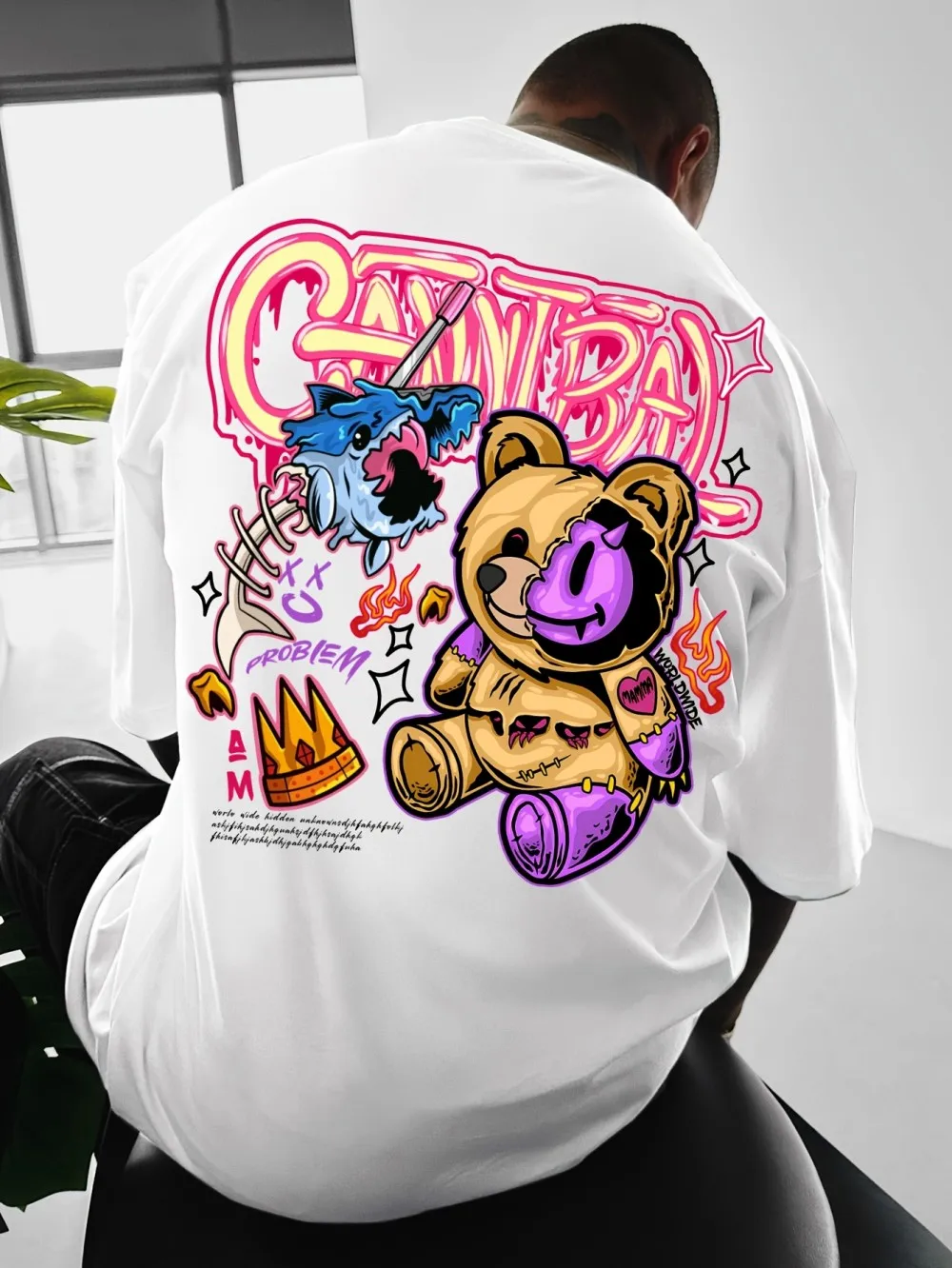 American men's summer teddy bear fish bone graffiti print comfortable and breathable round neck T-shirt outdoor street top