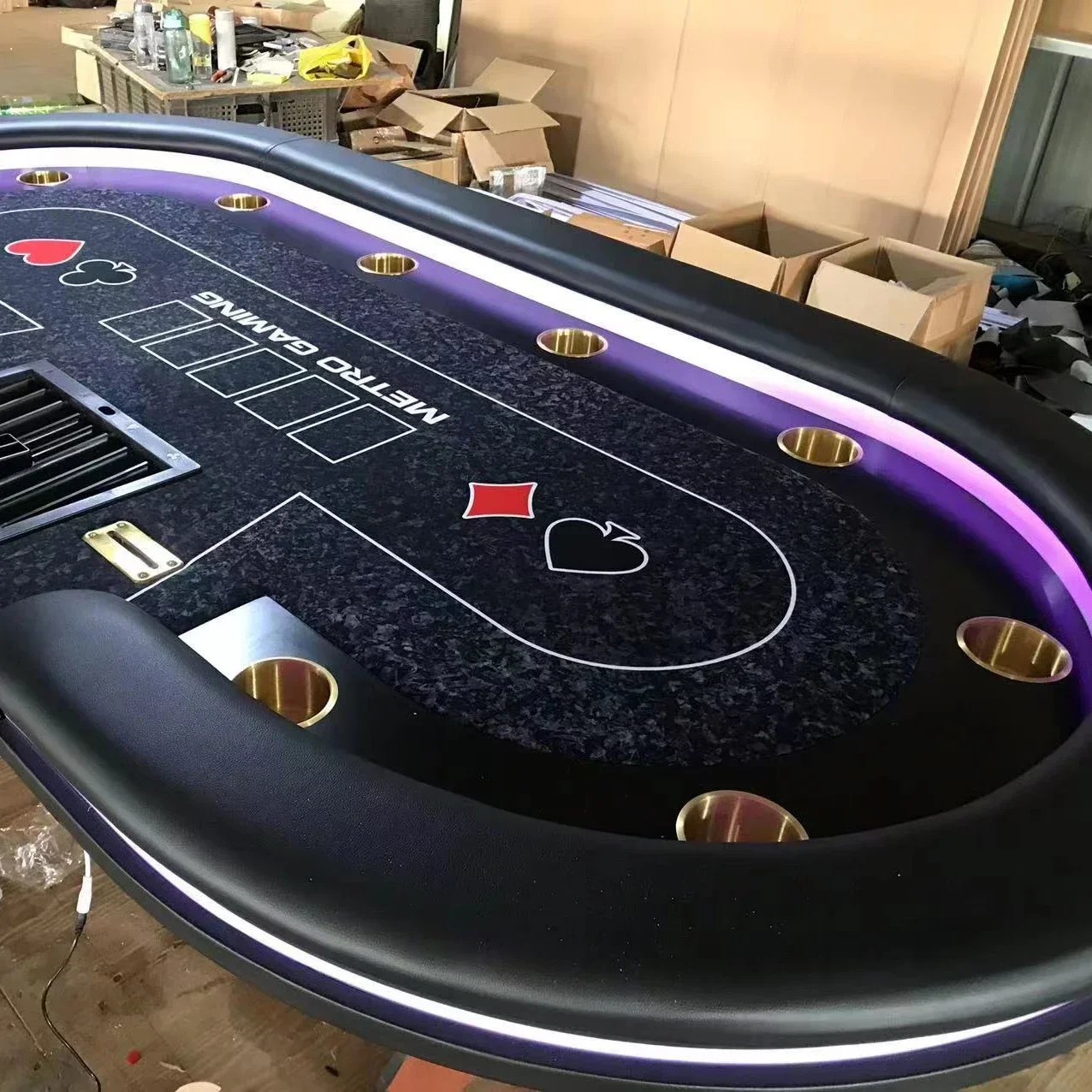 

10 Players Casino Poker Table with LED lights Custom Texas Hold'm Entertainment Gambling Wood Table 96 inch