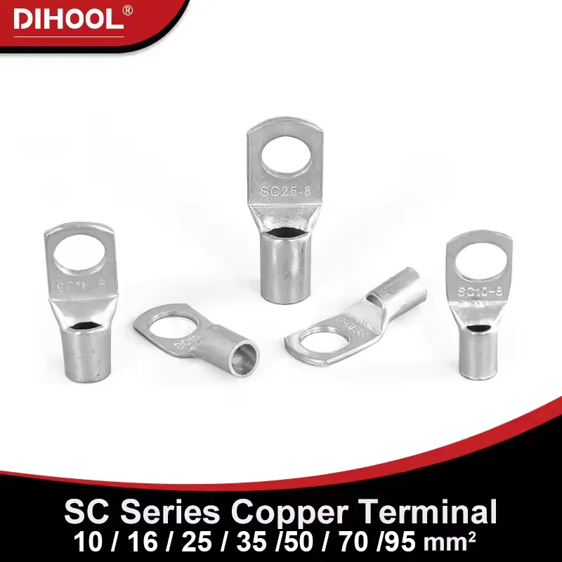 SC Tinned Bare Copper Crimp Terminals SC-2.5/4/6/10/16/25/35/50/70 Ring Type Wire Nose Terminal Cable Electric Connector Lug Kit