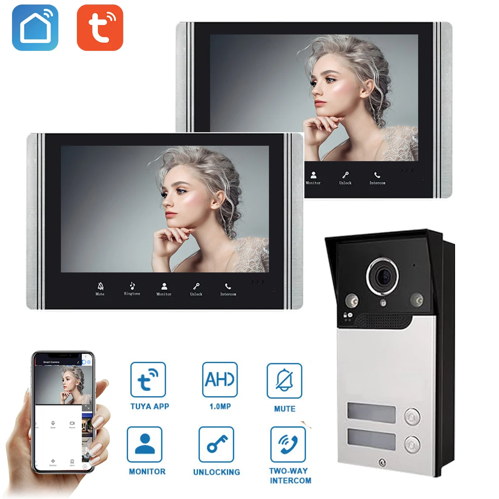 Tuya 7 Inch Video Doorbell WiFi Video Door Phone Intercom with Unlock Smart Home for 2 Family Apartment