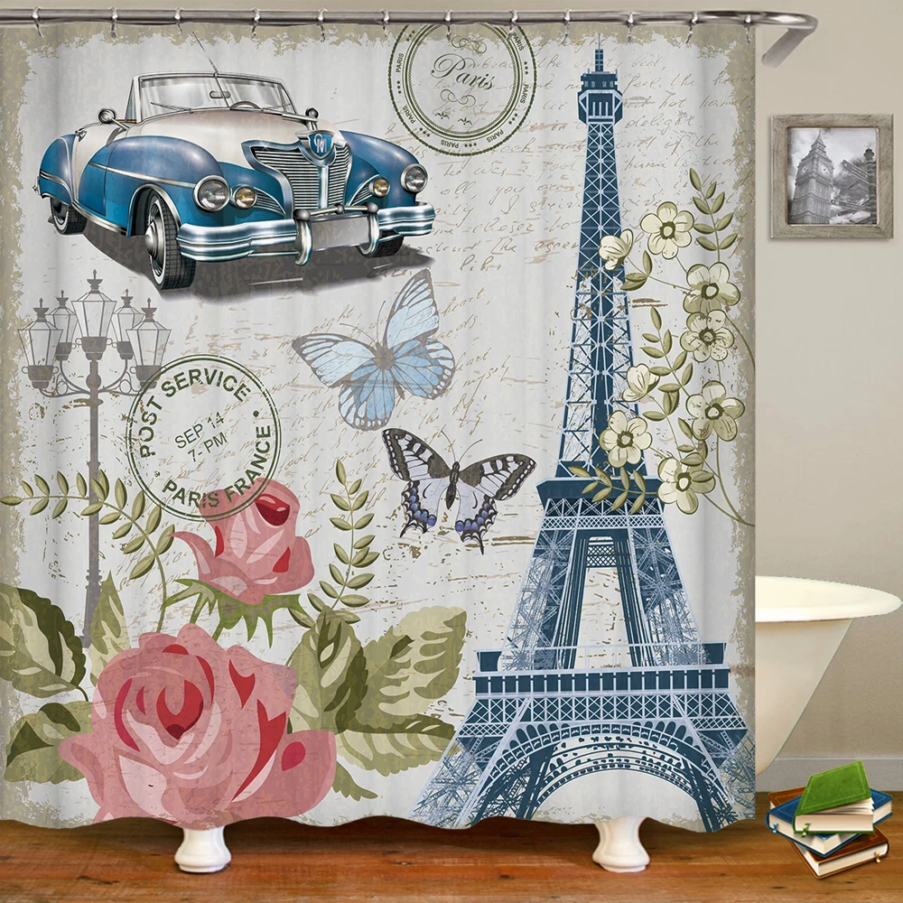 Nordic Style landscape Paris Tower Fabric Shower Curtain Bathroom Curtains Waterproof Polyester Bath Screen with 12 Hooks