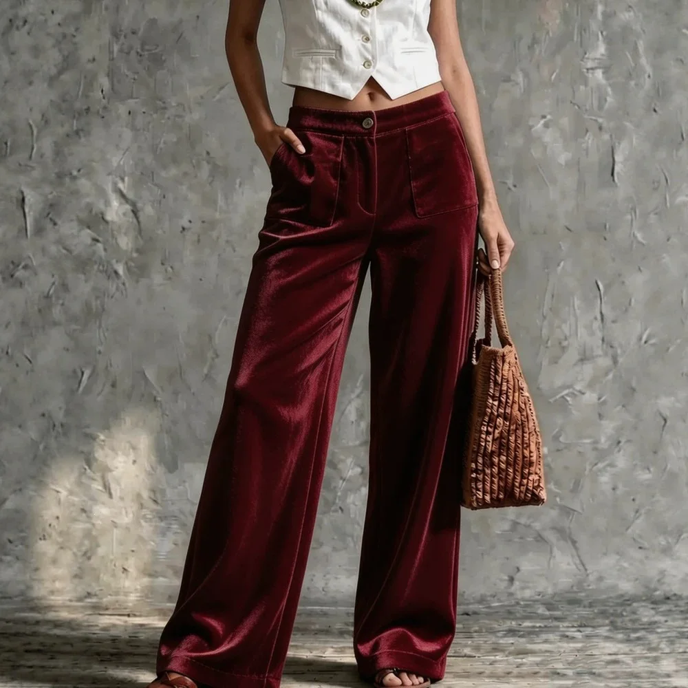 2026 Autumn Winter Retro Pants Solid Color Simple Fashionable Loose Fit High Waisted Pocket Straight Leg Wide Leg Pants