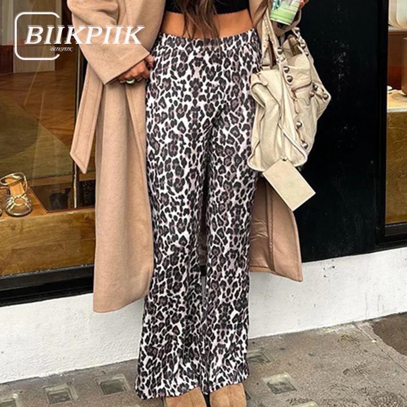 BIIKPIIK Leopard Print Basic Knitted Flare Pants For Women Fashion Elastic Waist Slim Fit Trousers Vintage Casual Boot Cut Pants