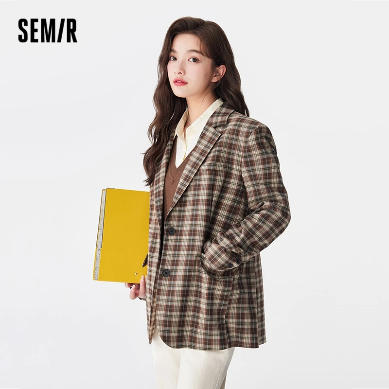 Semir Women Jacket Autumn New Mid-length Retro Fashion Plaid Suit  Loose Commuting Style  Trendy Design Jacket for Women