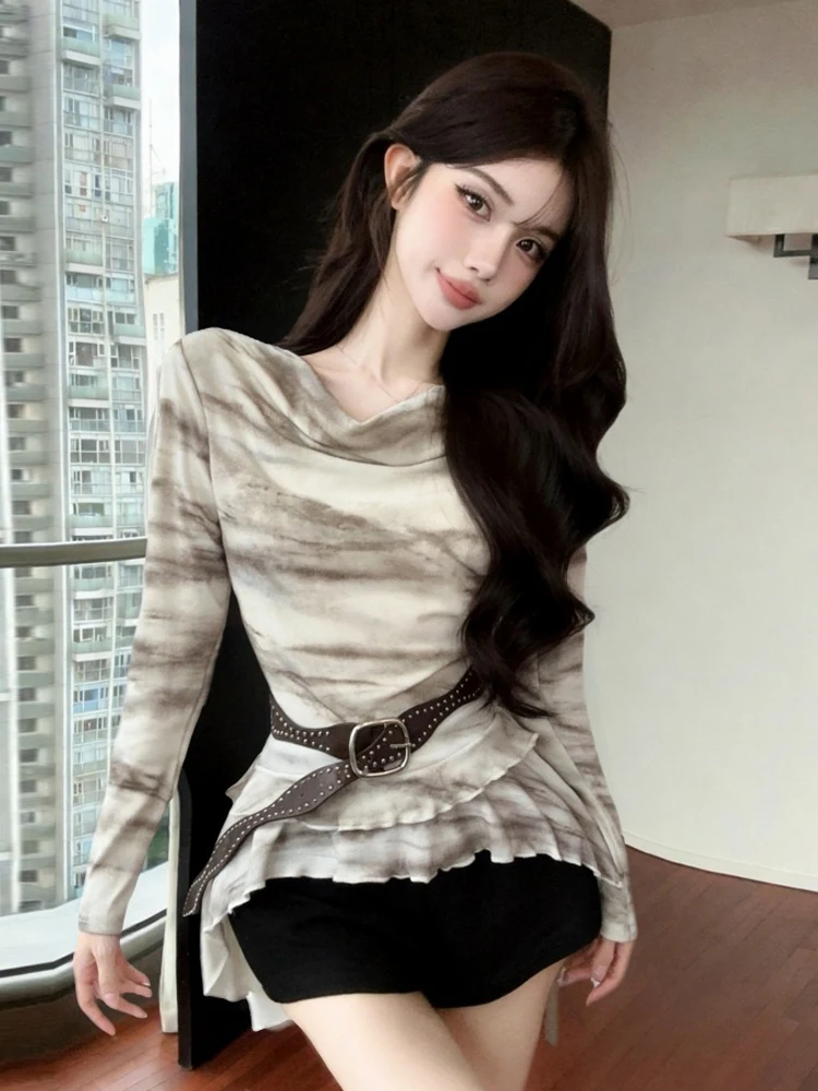 Retro Gradient Print One-Shoulder Long Sleeve T-Shirt Sexy Pure Desire Irregular Belt Swing Collar Top for Young Women