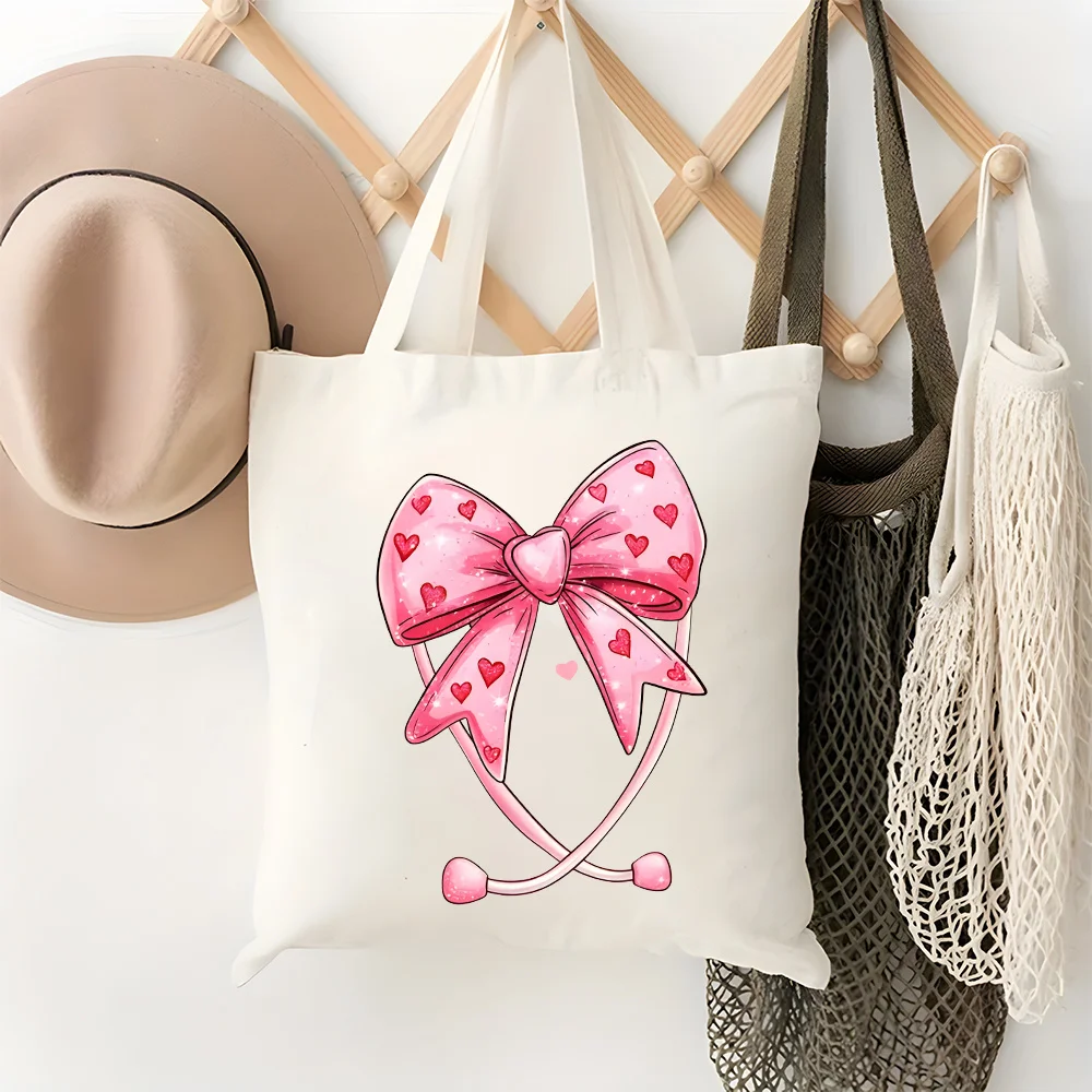 1pc, 'Pink Heart Bow Stethoscope' Nurse Appreciation Tote Bag - Spacious, Sturdy Shoulder Bag, Grocery Bags, Great for Gifts for