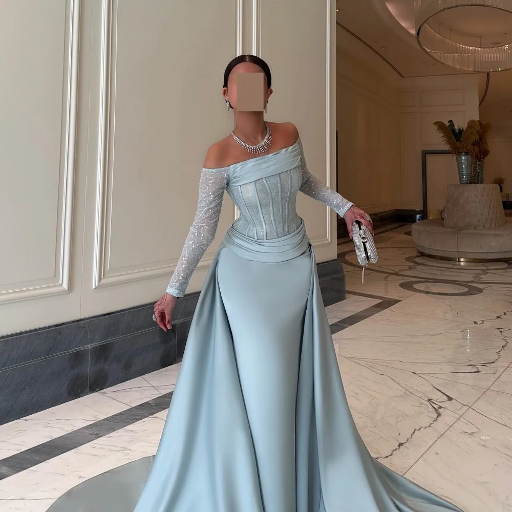 

Customized Matching Fashion Pleat Jersey Beading Sequined Mermaid Off-the-shoulder Floor-Length Evening Dresses for Woman
