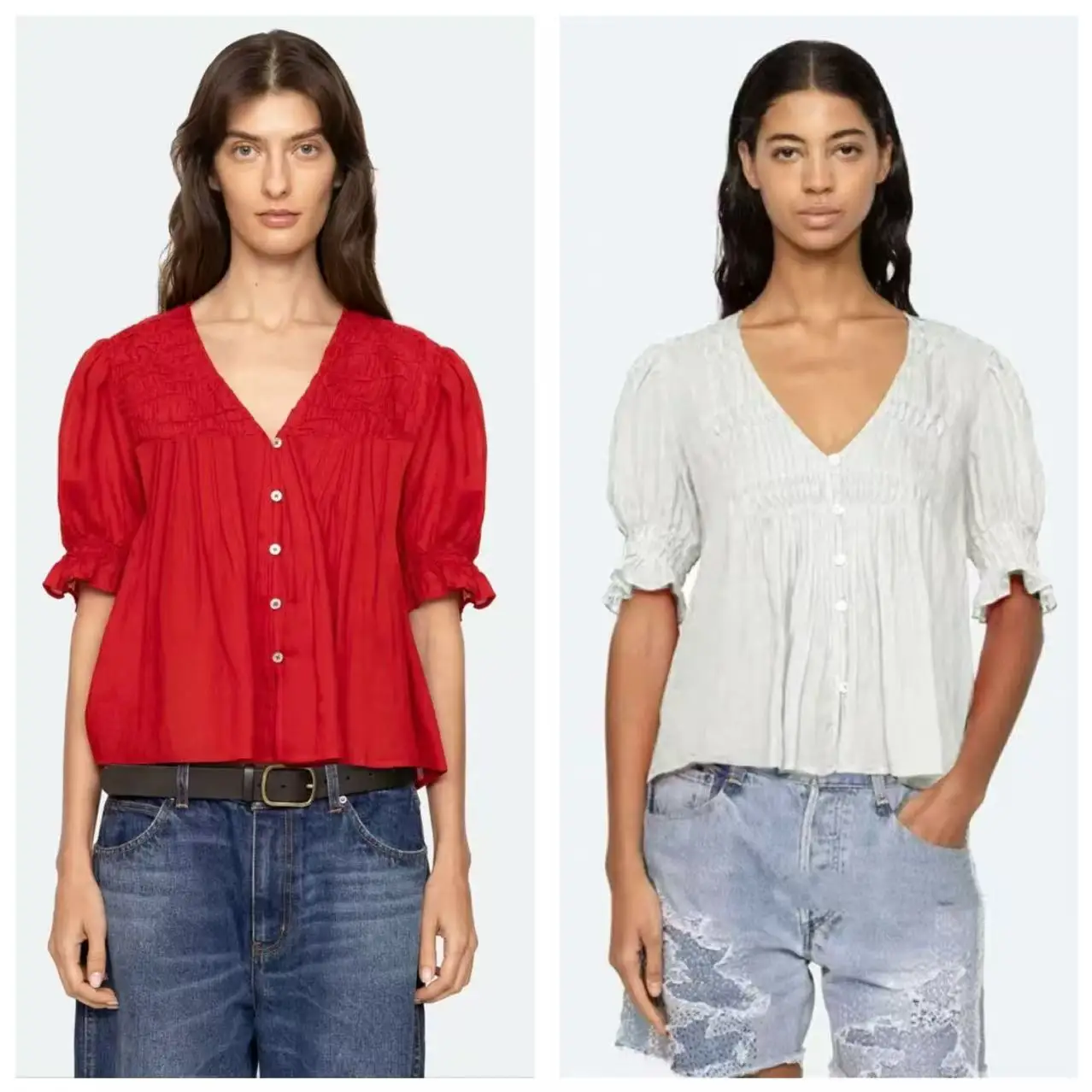 

Classic Style New York Se Doll Shirt Spring 2026 Pleated Waist Cinching Cotton Linen Blend Bubble Sleeve V-Neck Short Sleeve