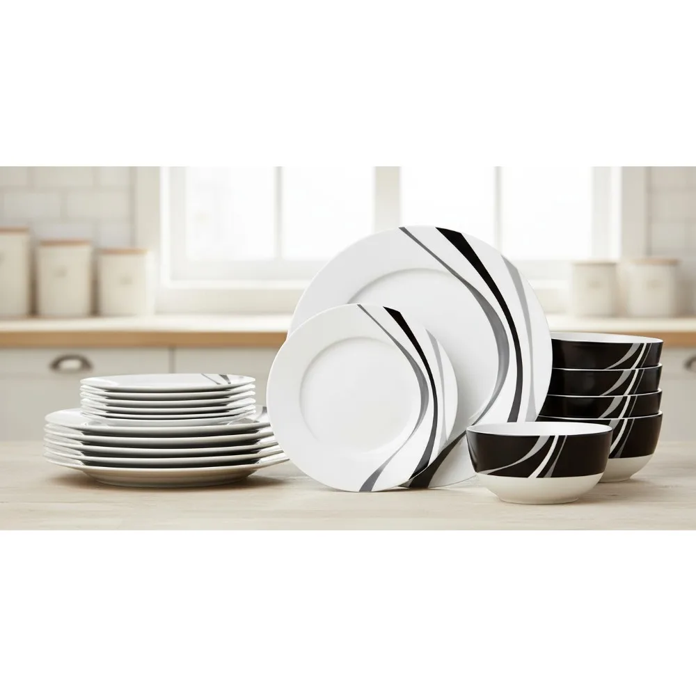 

Набор столовой посуды из 18 предметов на 6 человек, можно мыть в микроволновой печи и в посудомоечной машине, прочные фарфоровые тарелки, предметы первой необходимости для семейной кухни