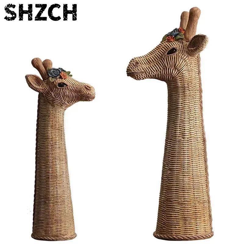 Giraffe Sculpture Simulation Animal Statue Deer Head Rattan Pattern Resin Handicraft Ornaments Giraffe Avatar Home Decoration
