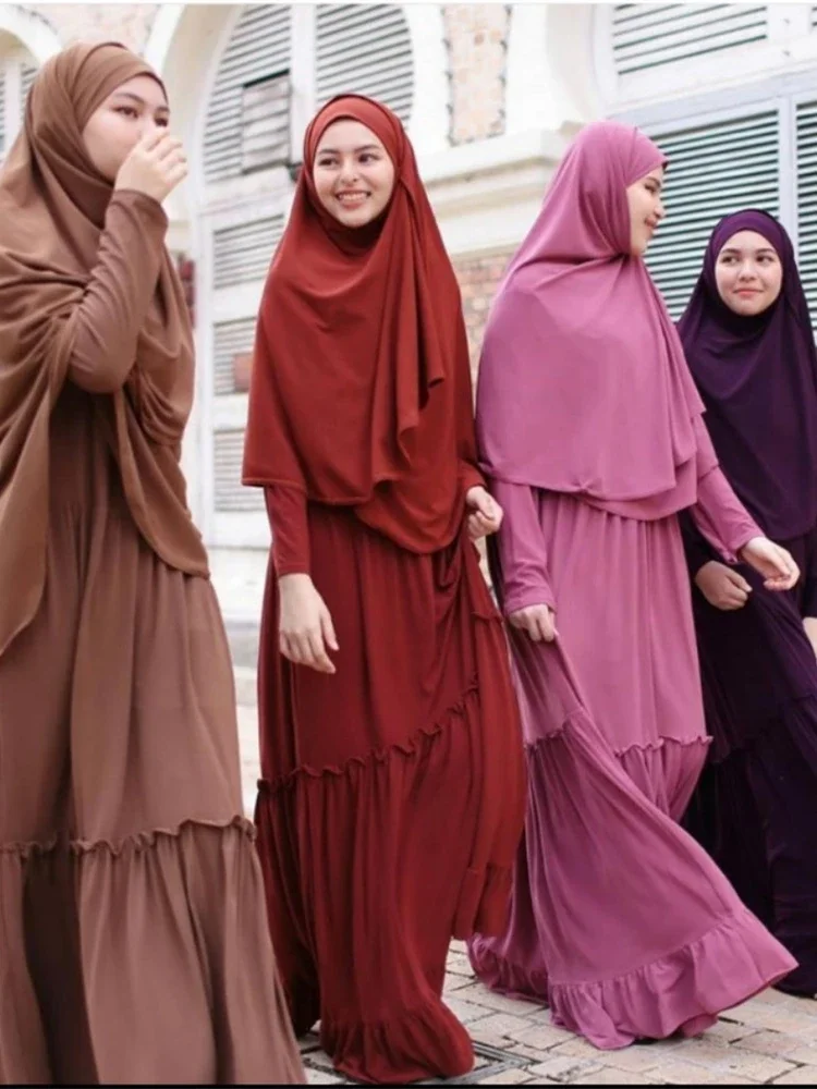 KALNEMOS Muslim Maxi Dress Autumn 2020 Long Khimar Malaysia Turkish Islamic Worship Robe+hijab Solid Milk Silk Arabic Clothes