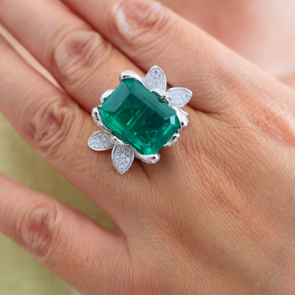 KQDANCE Luxury Flower 925 Sterling Silver 12*16mm Large Rectangle Green Stone High Carbon Diamond Created Emerald Rings Jewelry