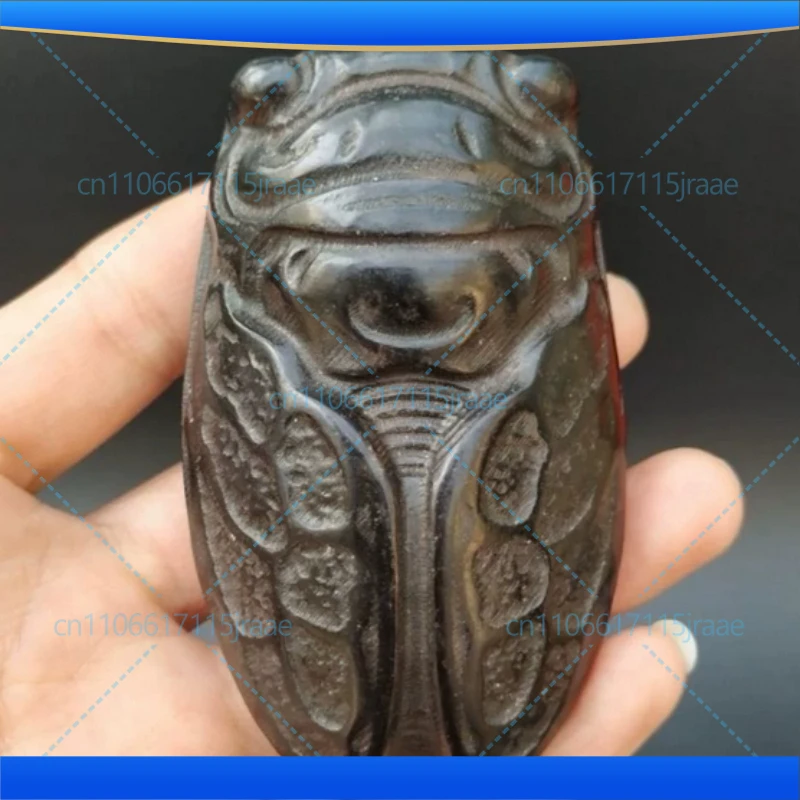 Home Decoration Chinese Hongshan Culture Antique Jade Black Iron Meteorite Cicadas Statue Arts and Crafts