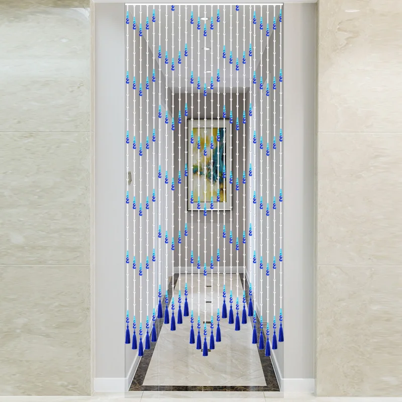 Punch free new style bead curtain blue tassel crystal partition curtain living room decorative curtain room decoration