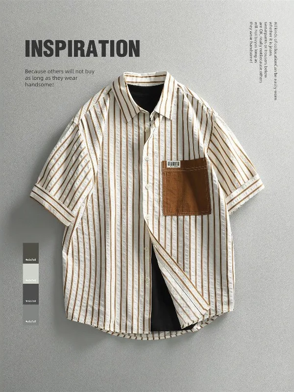 Casual Stripe Short Sleeve Shirt Men's Outerwear Fashionable American Style Breathable Polyester Summer Shirt CleanFit CityWalk