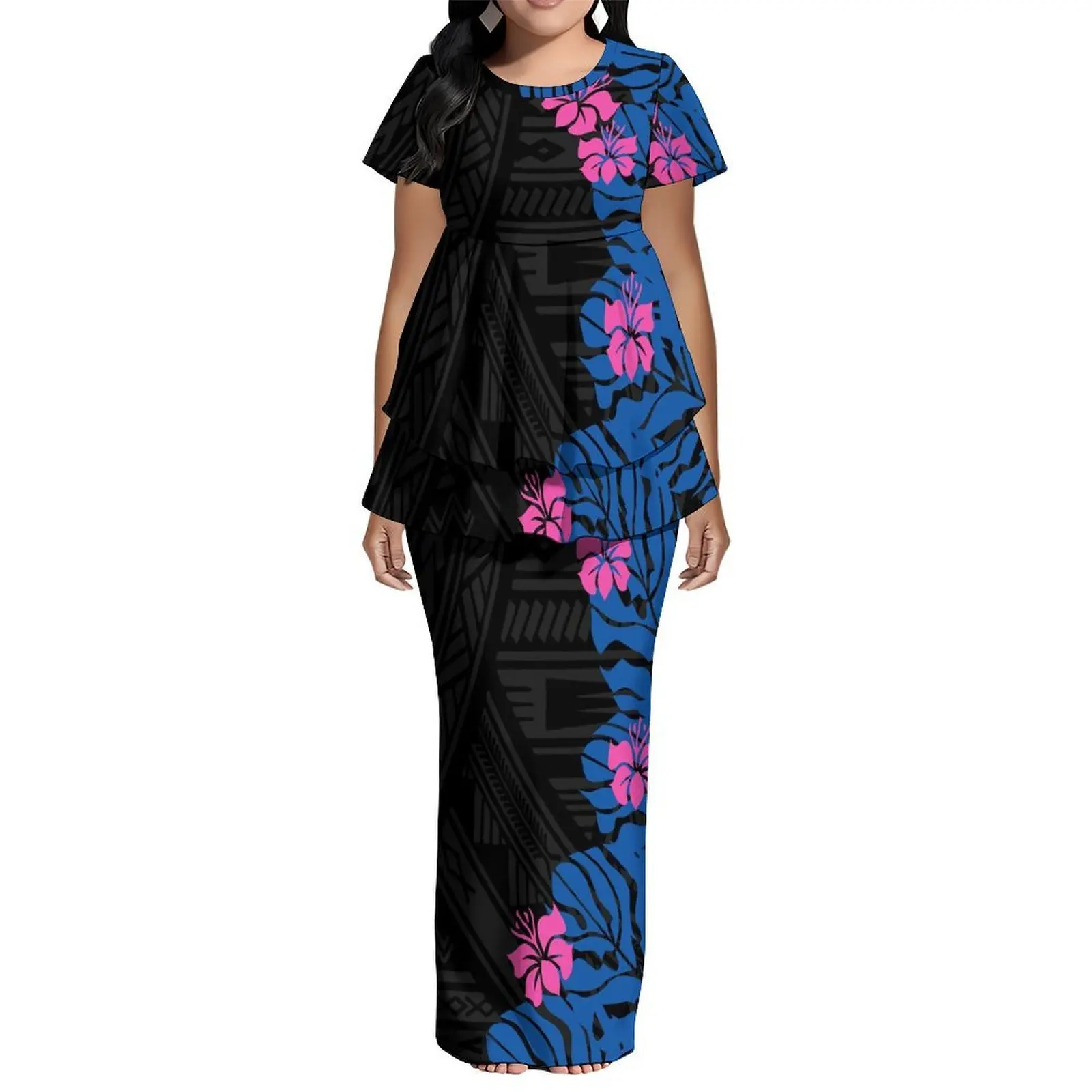 

Летний комплект из двух предметов: облегающая юбка с двойными складками и коротким рукавом, с круглым вырезом, для женщин, в полинезийском стиле, с индивидуальным принтом, модный комплект-пулетаси.