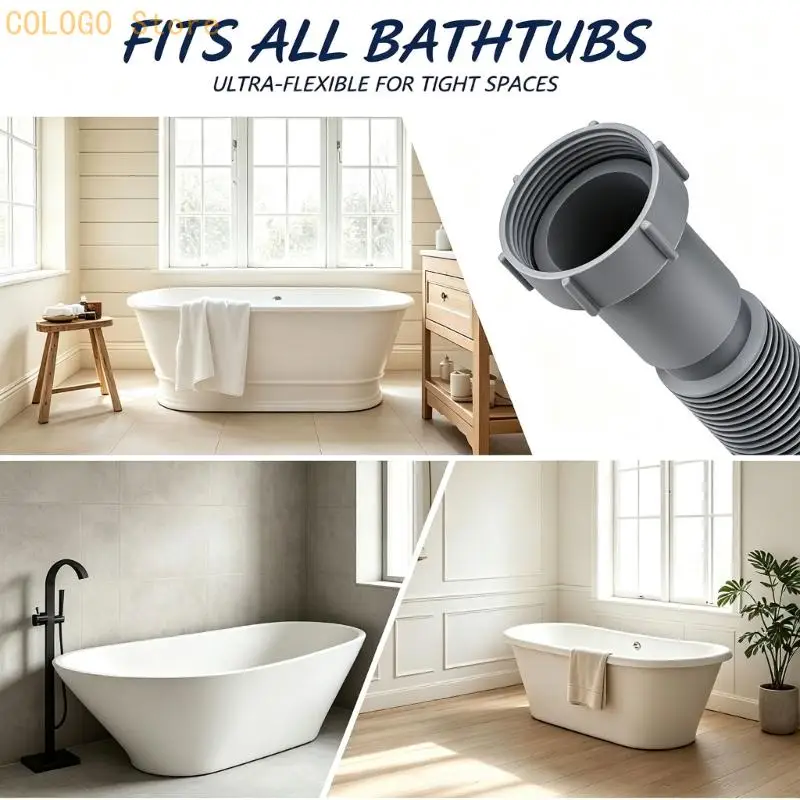 ABS Tub Drain Pipe with Adjustable Corrugated Hose for Standalone Tub Replacement and Small-Space Drain Install and Repair Work