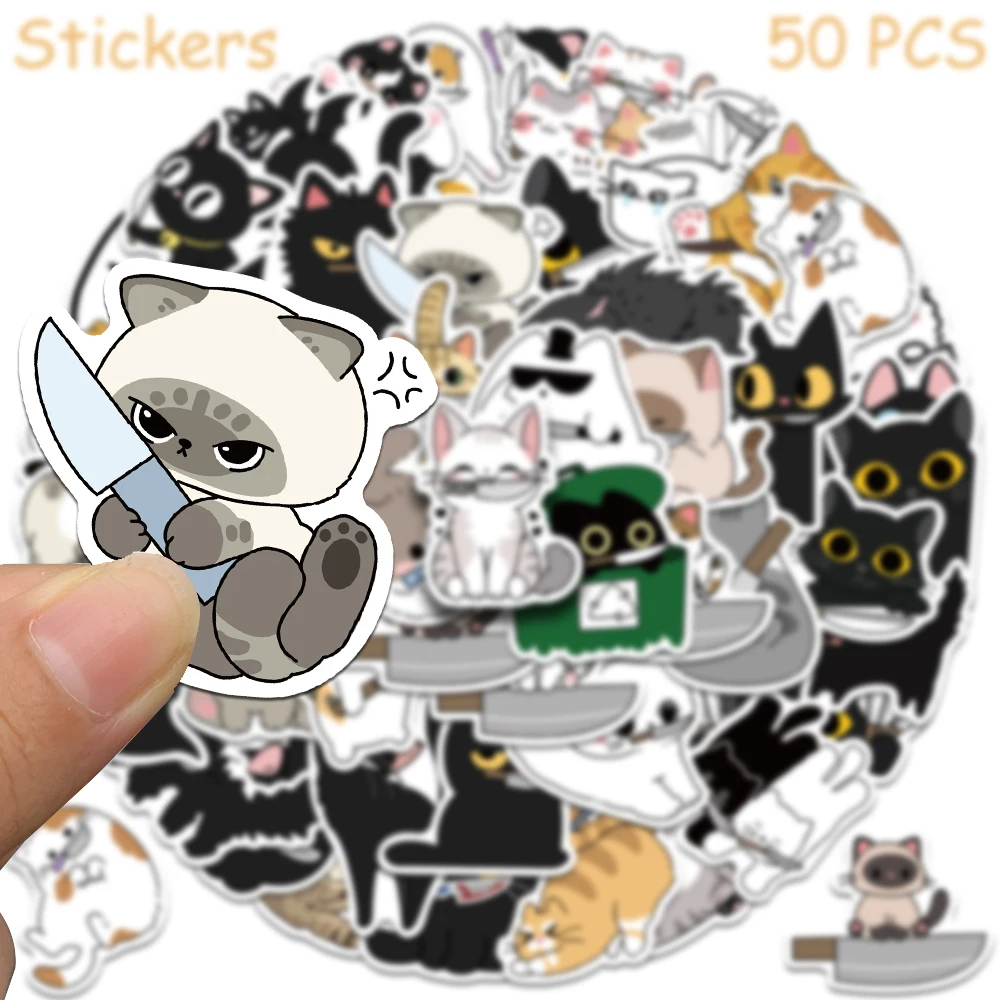 50pcs Cute Cat With Knife Stickers Decals For Phone Laptop Notebook Refrigerator Guitar DIY Cartoon Graffiti Stickers Kids Gifts