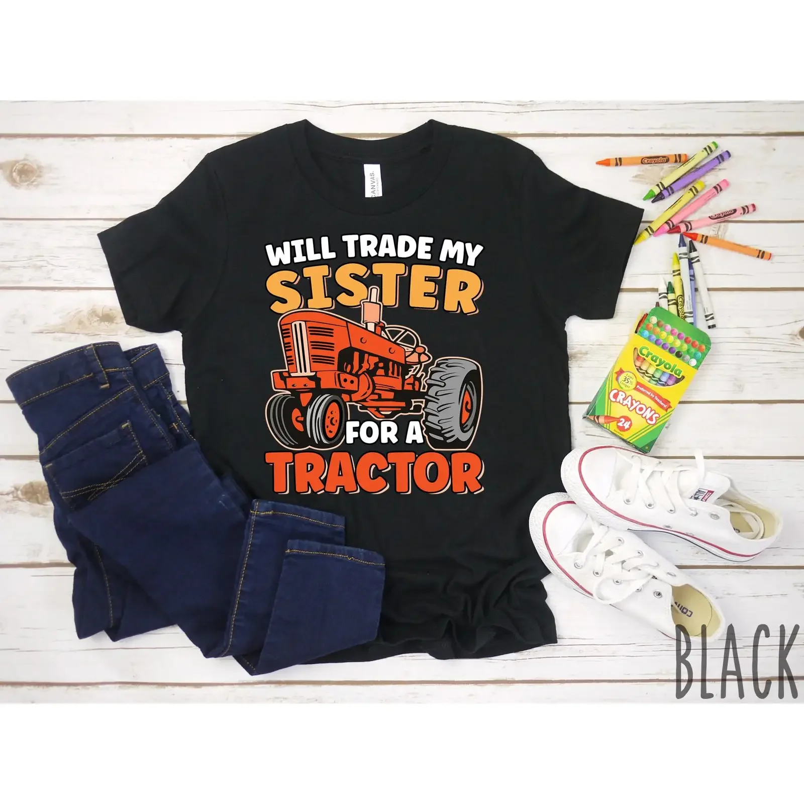 Will Trade My Sister For A Tractor T Shirt Funny Farming Sibling Kids Boys  vintage Washed Stylish designer clothes