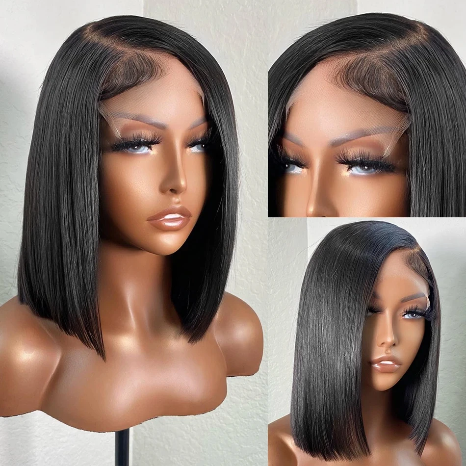 Parrucca in pizzo corto dritto al 200% Parrucca frontale in pizzo 13x4 Parrucche frontali in pizzo brasiliano 100% capelli umani 4x4 Parrucca anteriore in pizzo trasparente per donna nera