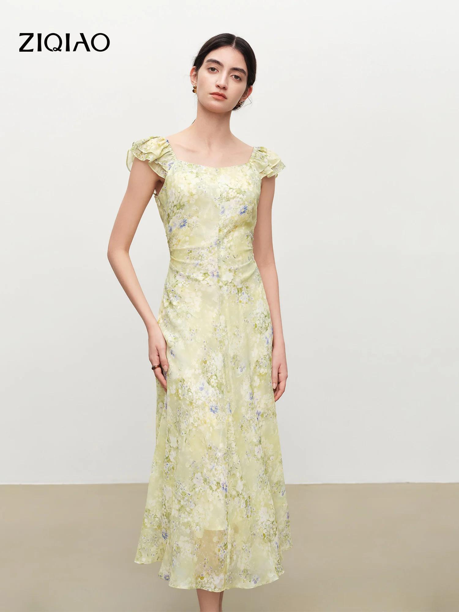 

ZIQIAO 2026 Summer Women's French-Inspired Floral Print Butterfly Sleeve Chiffon Maxi Dress for Vacation and Summer Outings