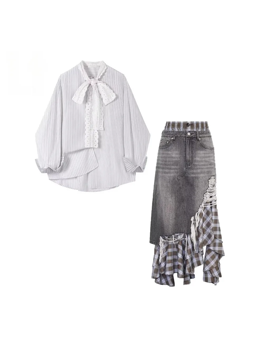 

Модный комплект: юбка из денима с кружевными вставками и имитацией двухслойности, с высокой талией, для ранней весны