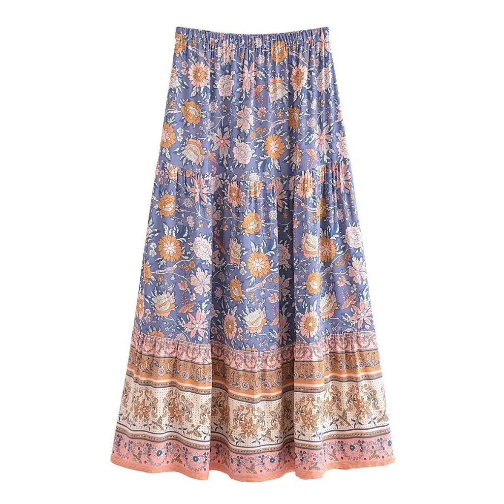 

Women's Bohemian Printed Long-Sleeved Shirt And Skirt Set Drawstring Waist Elastic Skirt Positioning Flower Design