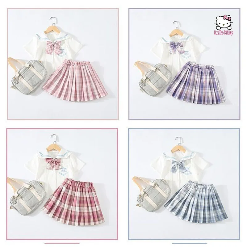 

Kawaii Sanrioed Girls Pleated Skirt Set Cinnamoroll My Melody Kuromi Jk Suit Short Sleeve Fashion Dress Preppy Girl Clothes Gift