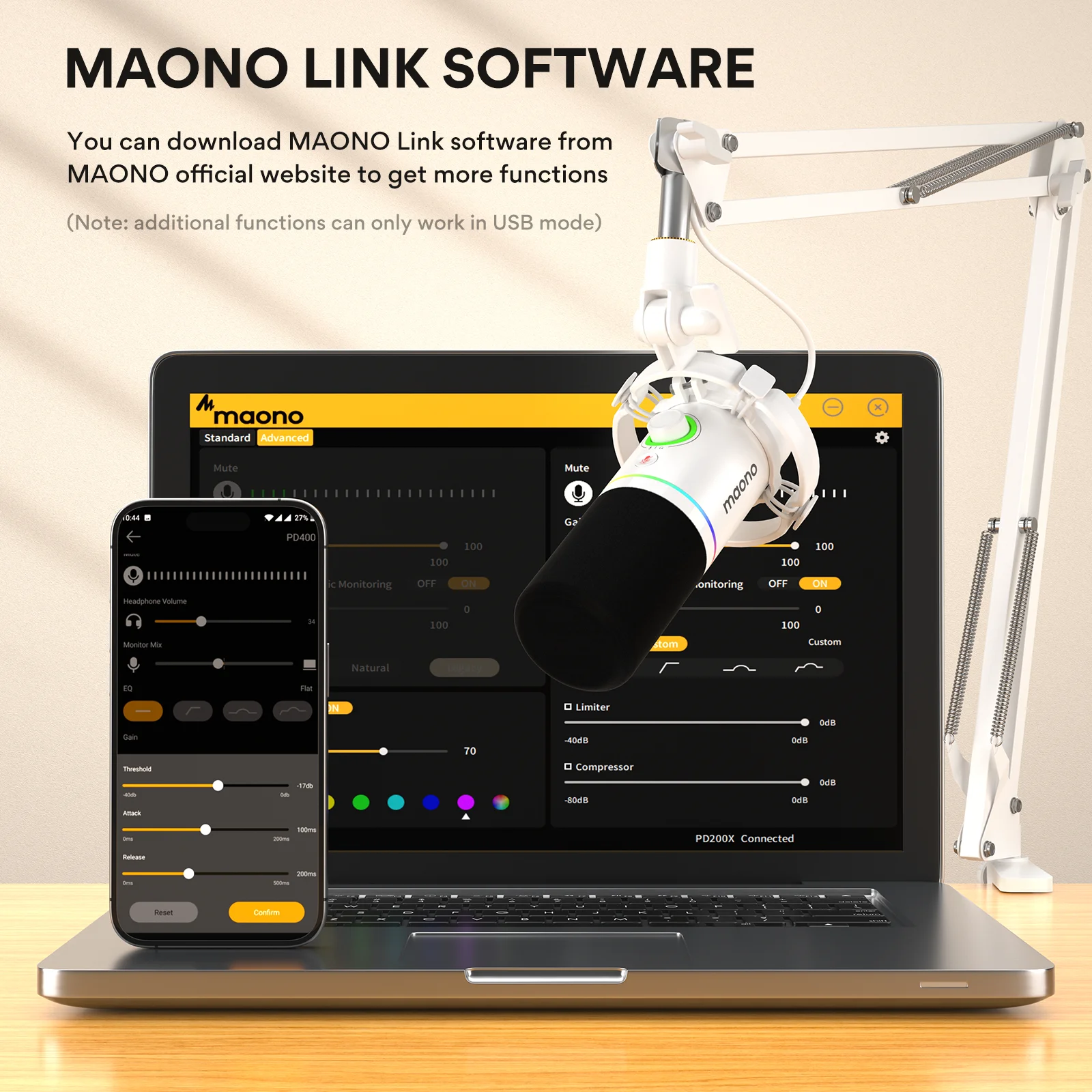 MAONO PD200XS XLR/USB Dynamic Microphone with Arm Stand RGB Software Mute Gain Knob Volume Control Streaming Gaming Recording