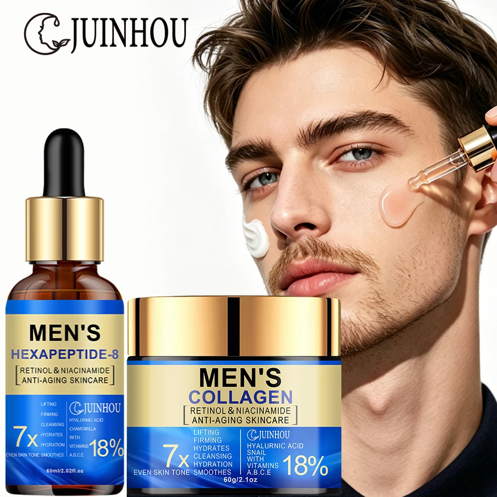 JUINHOU Men Face Skin Care Set Collagen Hexapeptide-8 Firming Skin Care Kit Moisturizing Hydrating Daily Facial For Mature Male