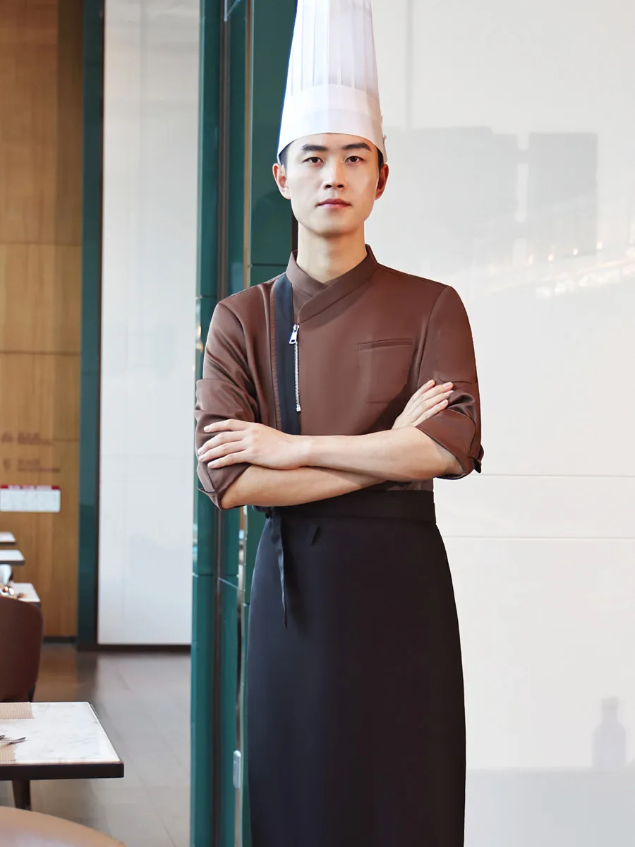 갈색 반팔 요리사 유니폼 호텔 레스토랑 웨이터 탑 고품질 주방 요리복 작업복