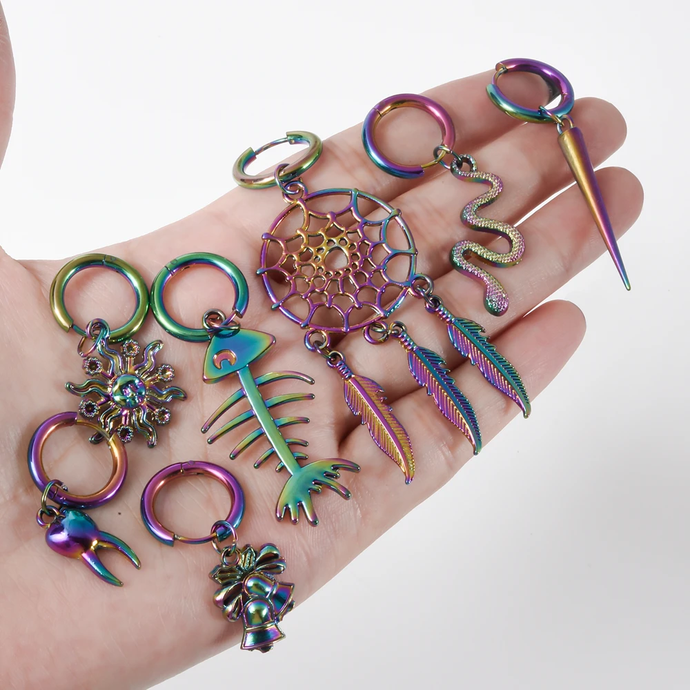 1/10pair Multistyle Rainbow Ear Jewelry Stainless Steel Hoops Fashion Alloy Snake Sun Dream Catcher Charm Earrings For Women Men