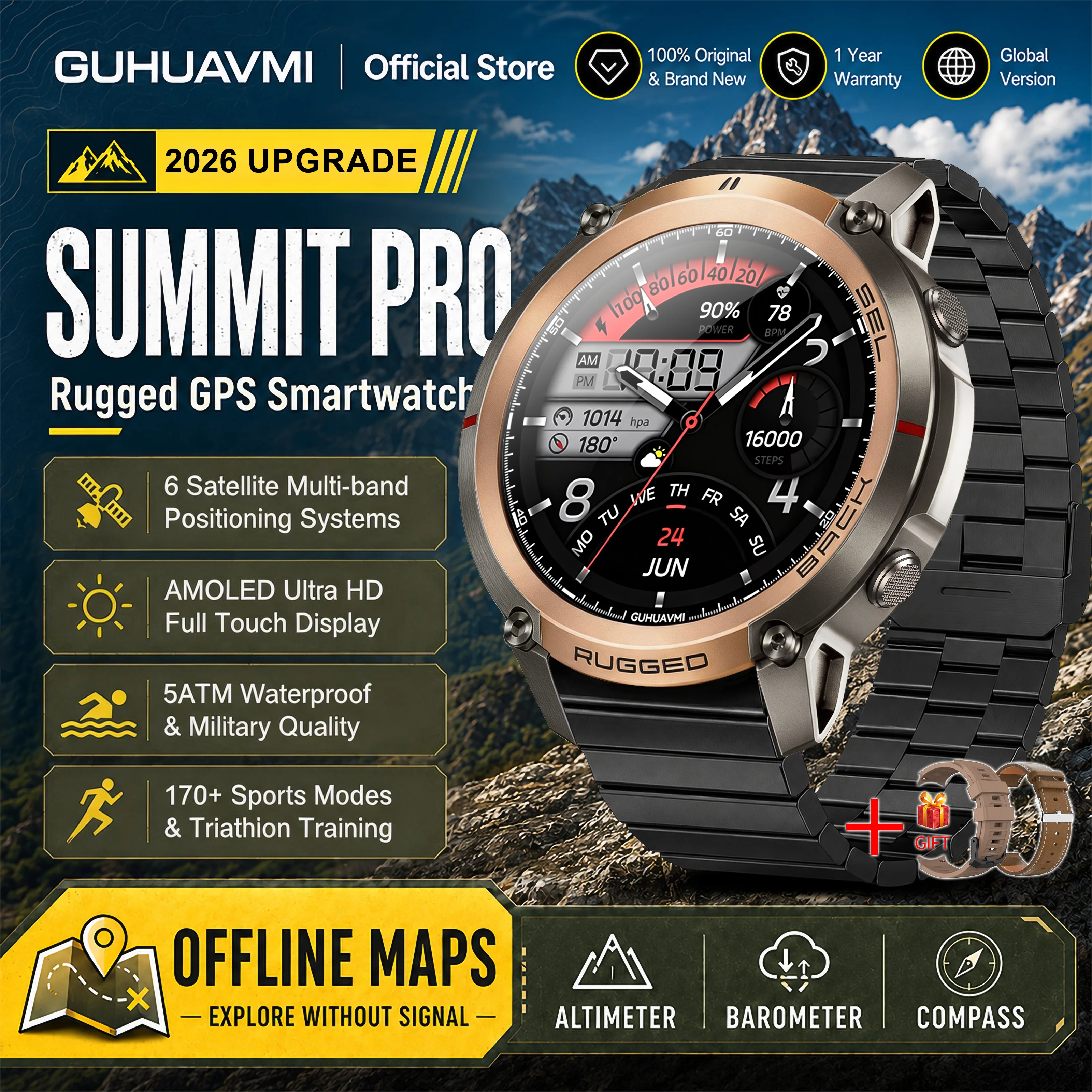 2026 Militaire Satelliet Offline Kaart GPS Smart Watch Heren 1.43''AMOLED Bluetooth Oproep Kompas 5ATM Waterdicht 170 + Sport Smartwatch