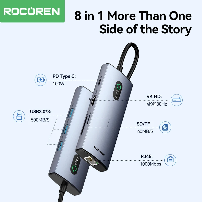 Rocoren USB C Hub PD 100 W RJ45 SD Reader USB 3.0 Splitter 11 in 1 8 in 1 Dock Station For Macbook Air Pro Samsung Xiaomi Laptop