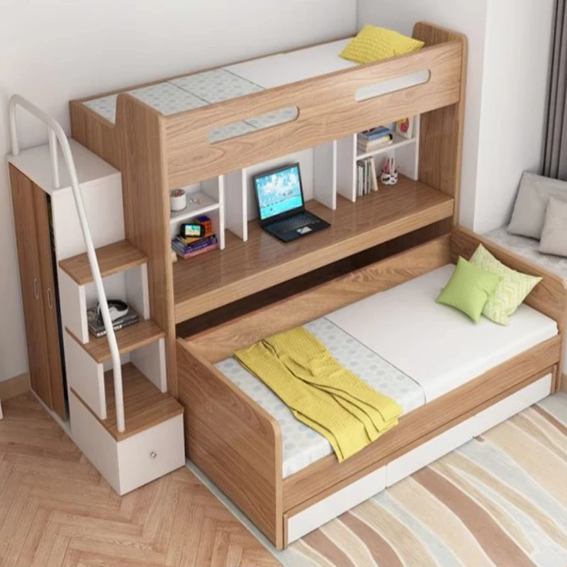 

Integrated children's bunk bed with desk and pull-out bed, comfortable high and low beds for small apartment bedrooms