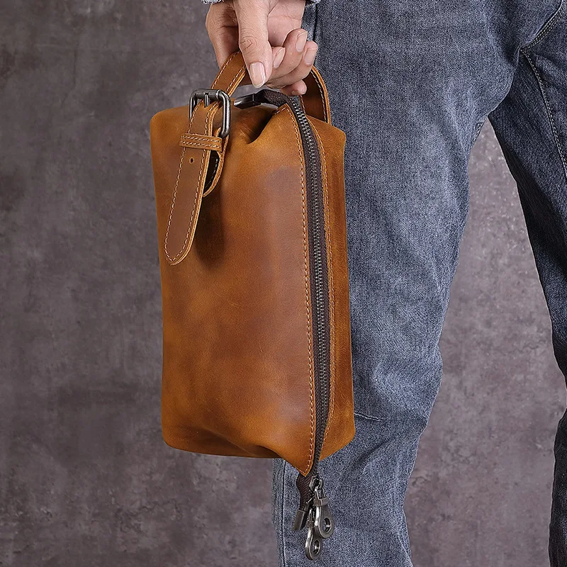 Top Layer Cowhide Leather Large Capacity Handbag Stylish Men's Casual Bag Mad  Leather Retro Fashion Clutch Purse