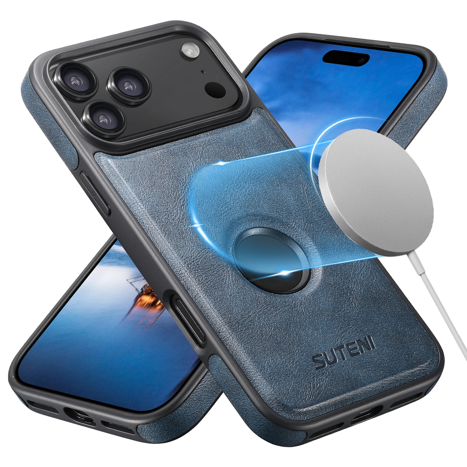 Suteni Wireless Charging Luxury Faux Leather Magnet Smooth Texture Phone Case For Iphone 18 Pro Max 17 Air 16 Plus 15 14 13 12