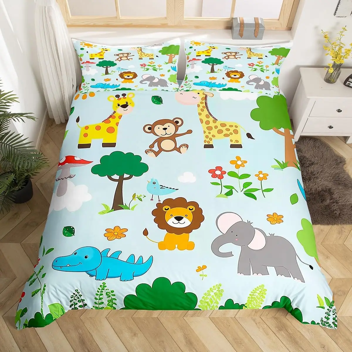 Cartoon Animal Duvet Cover Zoo Theme Bedding Set Cute Monkey Elephant Giraffe Crocodile Quilt Cover Woodland Wildlife Bed Set