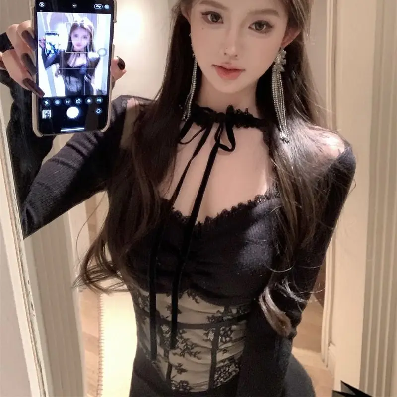 Sexy Lace Neckline T-Shirt Women's Long Sleeve Pure Desire Beautiful Base Shirt Sister Style Fashionable Knot Design Polyeste...