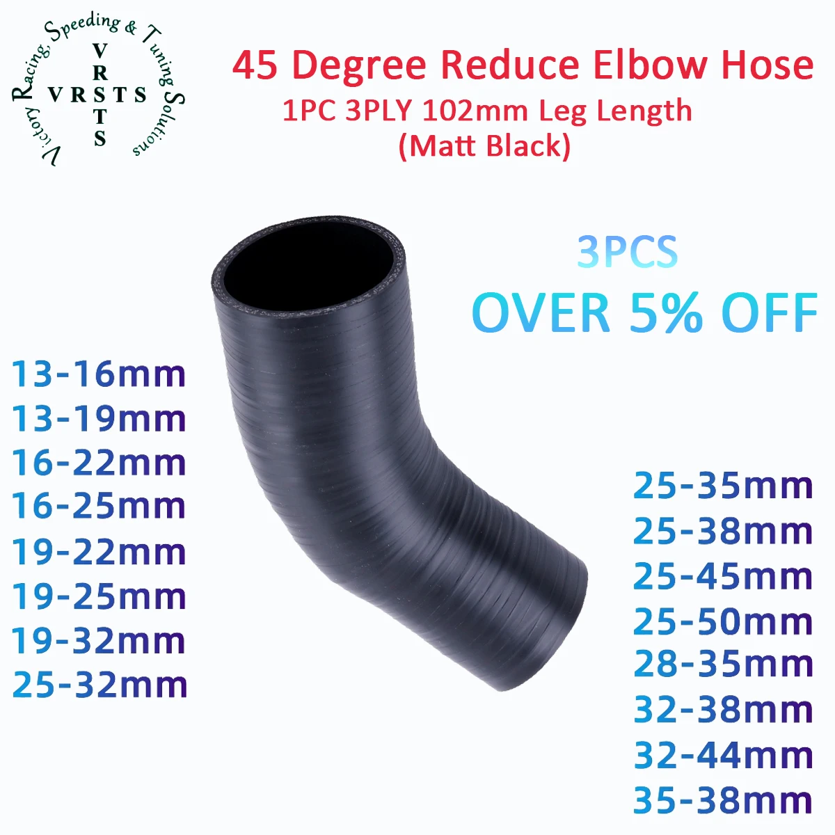 3PLY 102mm Length 45 Degree Reduce Elbow Silicone Coolant Intercooler Hose ID 13 16 19 22 25 32 35 38 44 45 50mm 1PC Matt Black