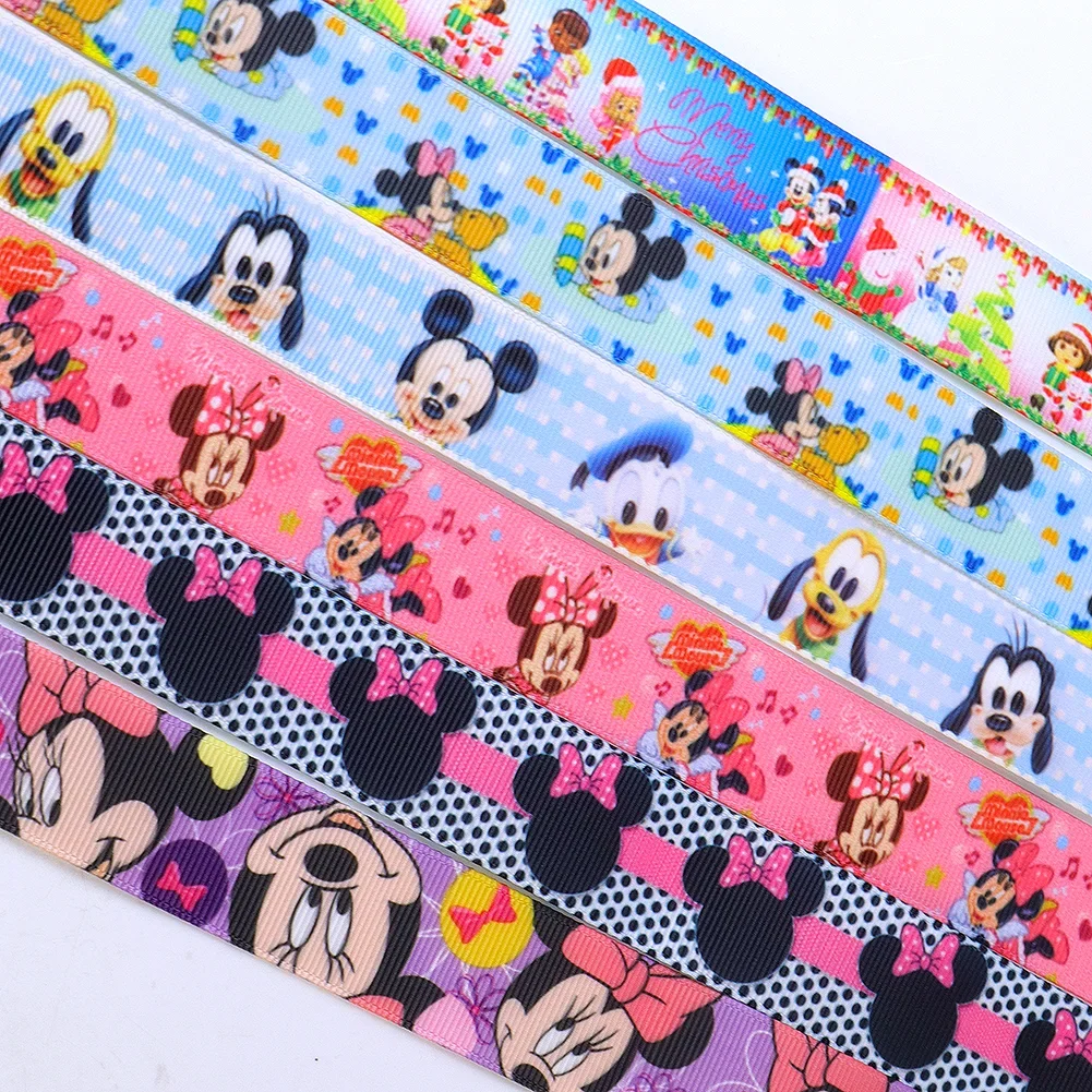 22mm/25mm Random Disney Mickey Minnie Cartoon Cute Design Printed Grosgrain Ribbon 3/5/10 Yards Mystery Boxes