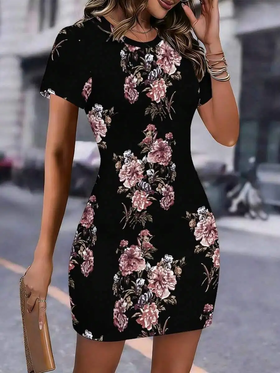 

Womens Floral Print Bodycon Dress Short Sleeve Crew Neck Elegant Casual Mini Dress