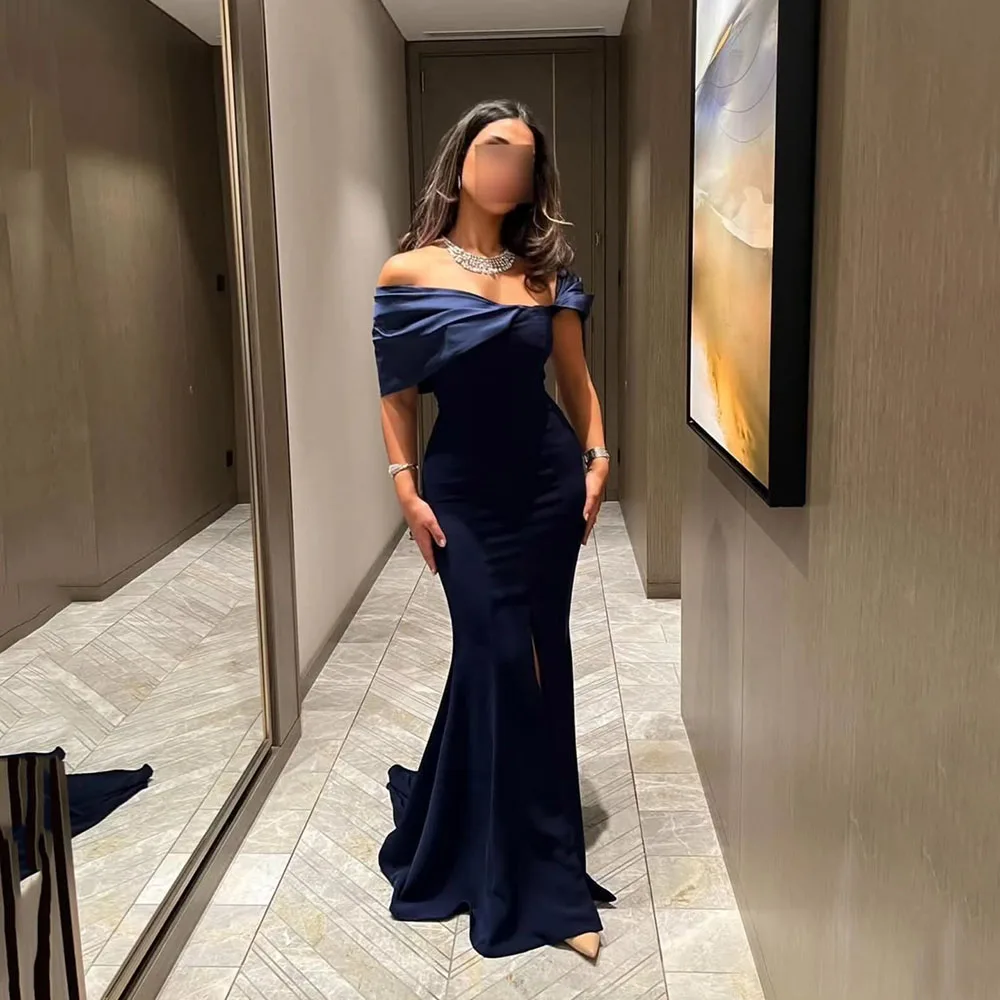 

Msikoods Customized Off Shoulder Mermaid Prom Dress For Women 2025 Navy Blue Sexy Slit Saudi Evening Gown Formal Party Dress